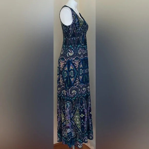 Chico's Vibrant Colors Blue Green Purple & Black Maxi V Neck Dress Sz 0, - Picture 3 of 12